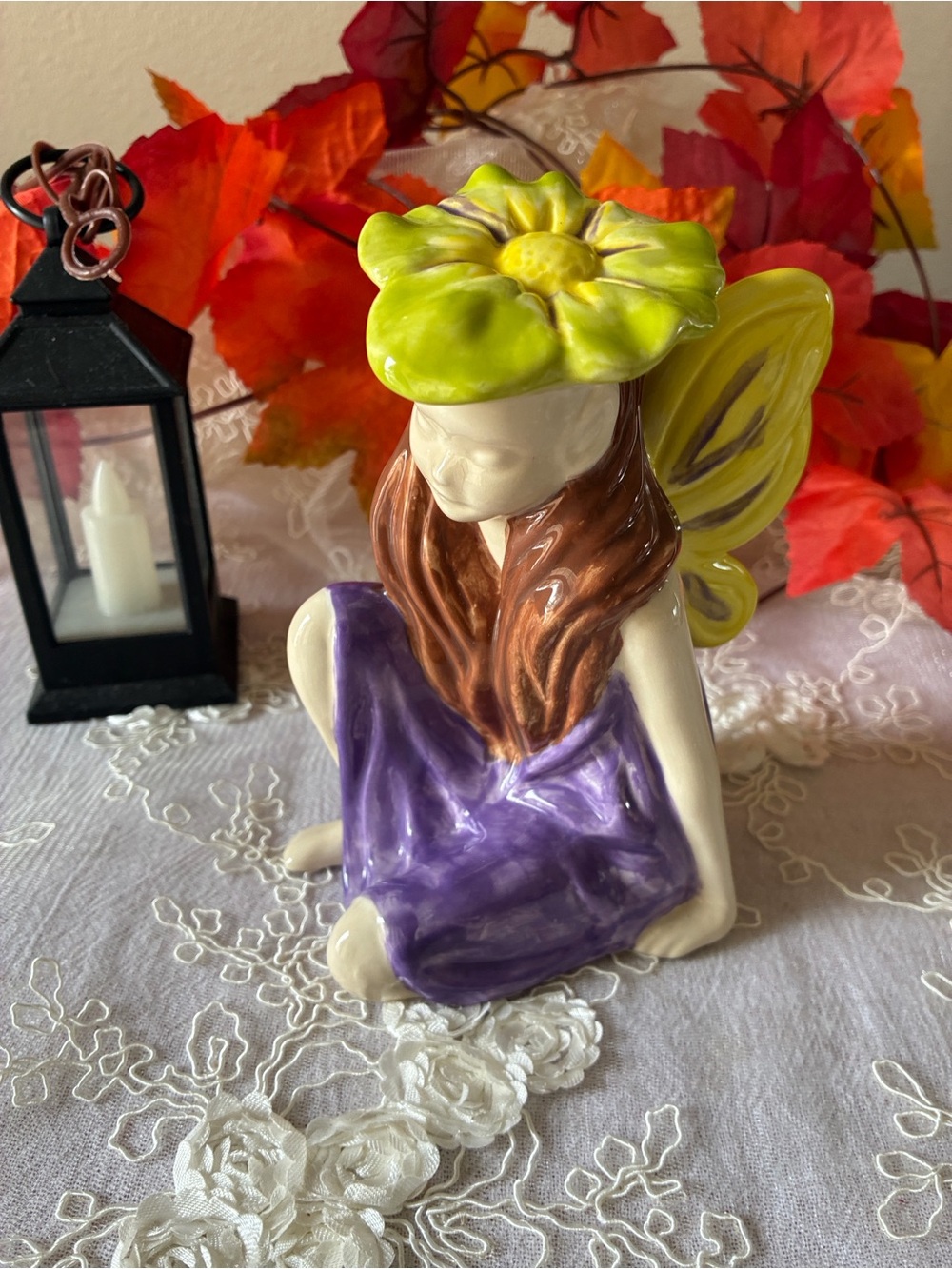 Ceramic Fairy Figurine - Purple Dress with Yellow-Green Flower Hat